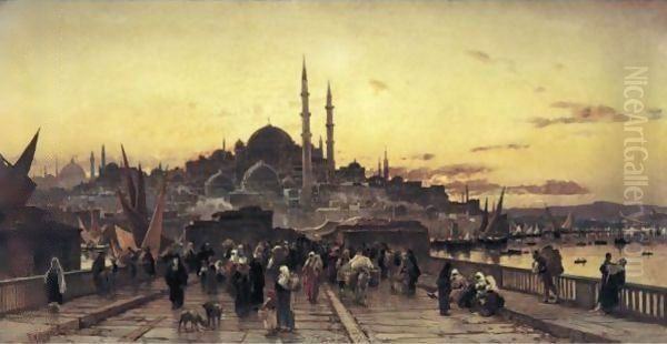 The Galata Bridge And The Yeni Valide Djami, Constantinople Oil Painting by Hermann David Solomon Corrodi