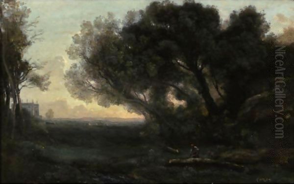 Souvenir D'Italie, Vallee Aux Grands Arbres Penches Oil Painting by Jean-Baptiste-Camille Corot