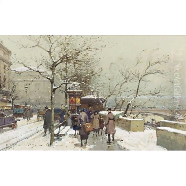 Les Quais, Paris Oil Painting by Eugene Galien-Laloue