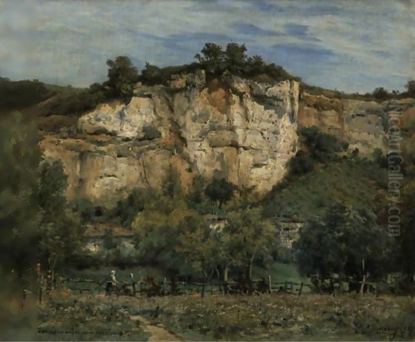 The Cliffs Of Rochecorbon, Near Tours Oil Painting by Charles Euphraisie Kuwasseg