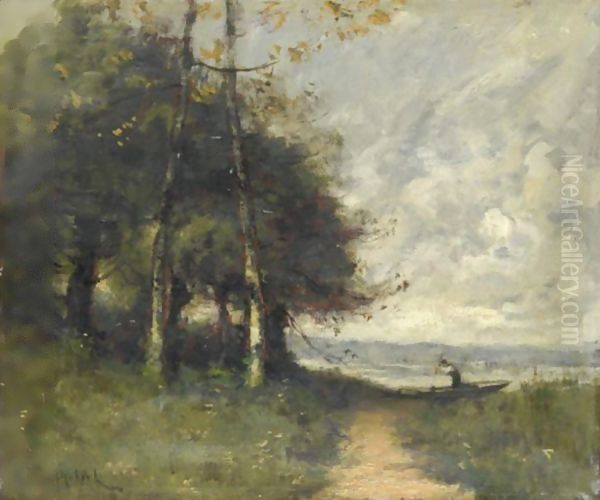 Bord De Riviere Avec Pecheur Oil Painting by Paul Trouillebert