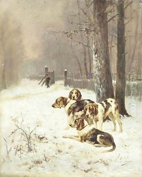 Chiens Dans La Foret De Fontainebleau Oil Painting by Charles Olivier De Penne