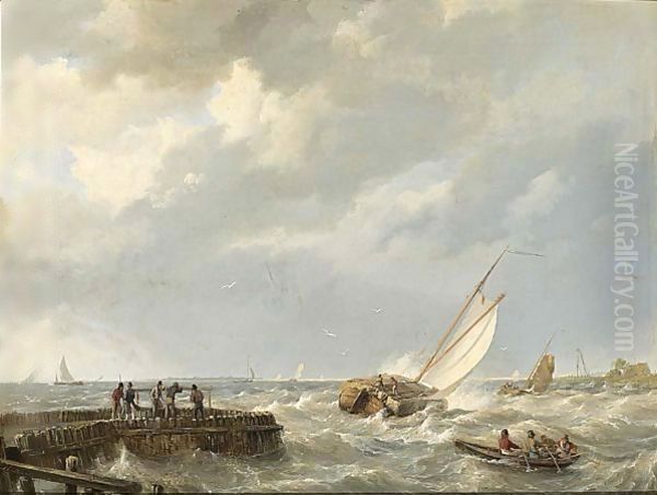 Shipping Off The Coast Oil Painting by Johannes Hermanus Koekkoek