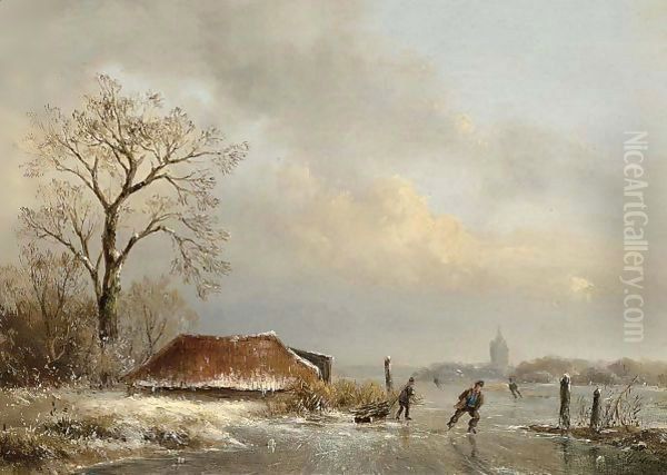 Skaters On A Frozen Waterway Oil Painting by Josephus Gerardus Hans