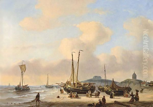 Fisherfolk On The Beach Near Seinpost Duin, The Hague Oil Painting by George Willem Opdenhoff