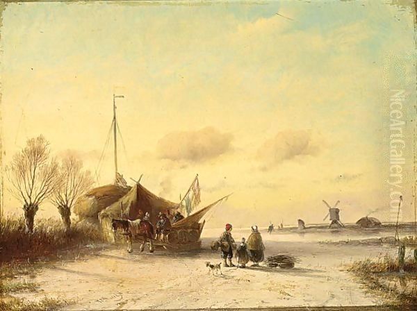 Figures On A Frozen Waterway Oil Painting by Jan Evert Morel