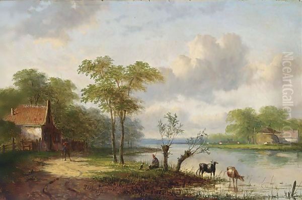 Figures In A River Landscape Oil Painting by Jan Evert Morel