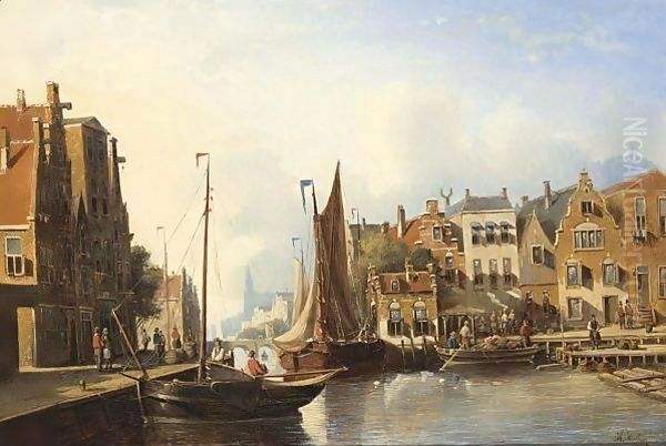 A Busy Canal In A Dutch Town Oil Painting by Johannes Frederik Hulk, Snr.