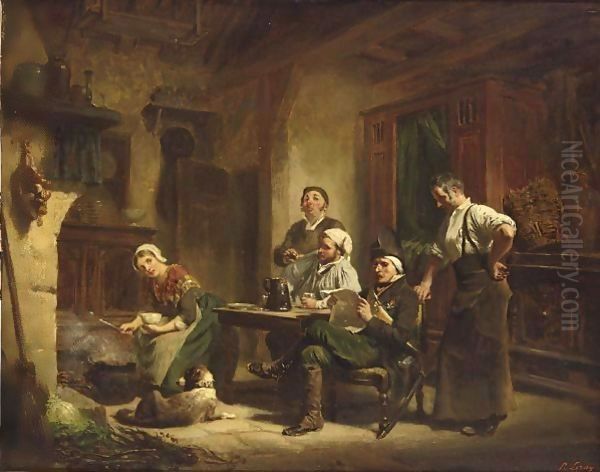 A Domestic Scene Oil Painting by Prudent Louis Leray