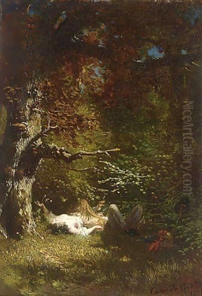 Lovers In The Forest Oil Painting by Cesar De Cock