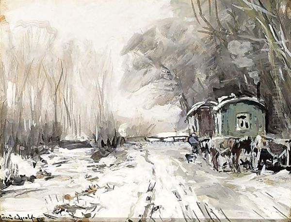 A Winter Landscape With Horses And Wagons Along A Road Oil Painting by Louis Apol