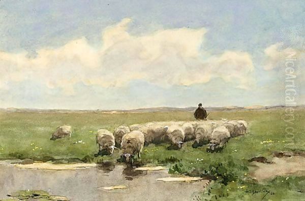 A Shepherd And His Flock By A Fen Oil Painting by Willem II Steelink