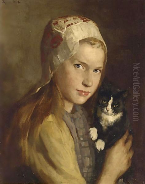 A Girl With Her Cat Oil Painting by Hendrik Maarten Krabbe