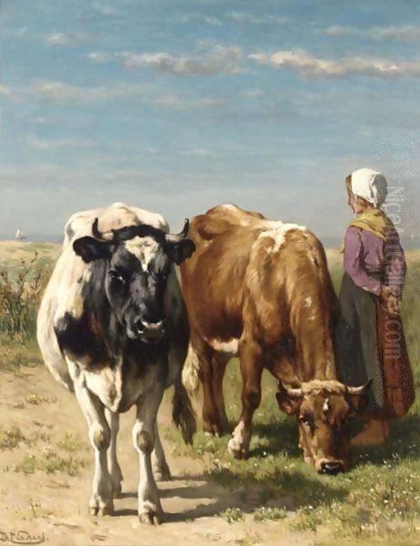 A Herdess With Cattle In A Summer Landscape Oil Painting by Johannes-Hubertus-Leonardus de Haas