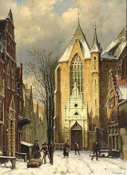 A Wintry View Of The Westerstraat With The Westerkerk, Enkhuizen Oil Painting by Willem Koekkoek