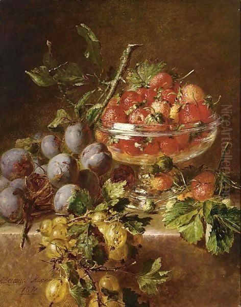 A Still Life With Prunes, Gooseberries And Strawberries In A Bowl Oil Painting by Adriana-Johanna Haanen