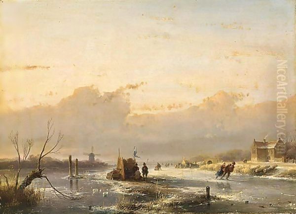 A Frozen River With Skaters And A A´koek En Zopie A´ Oil Painting by Andreas Schelfhout