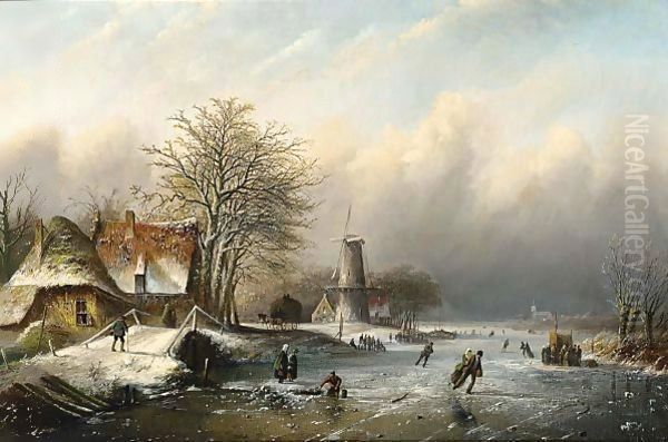 A Winter Landscape With Figures On The Ice Oil Painting by Jan Jacob Coenraad Spohler