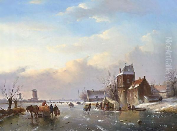 Skaters On A Frozen Water Way Oil Painting by Jan Jacob Coenraad Spohler