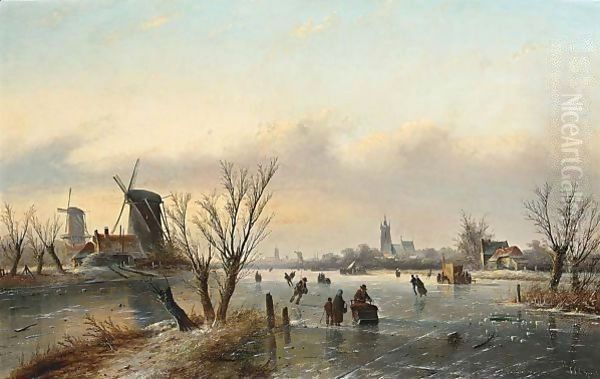 A Winter Landscape With Figures Oil Painting by Jan Jacob Coenraad Spohler