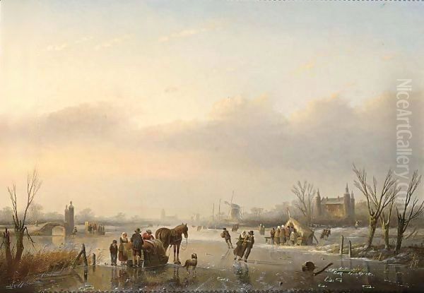 A Horse And Sledge On A Frozen Waterway Oil Painting by Jan Jacob Coenraad Spohler