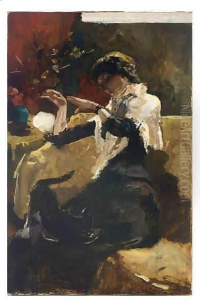 Lady With A Cat Oil Painting by George Hendrik Breitner