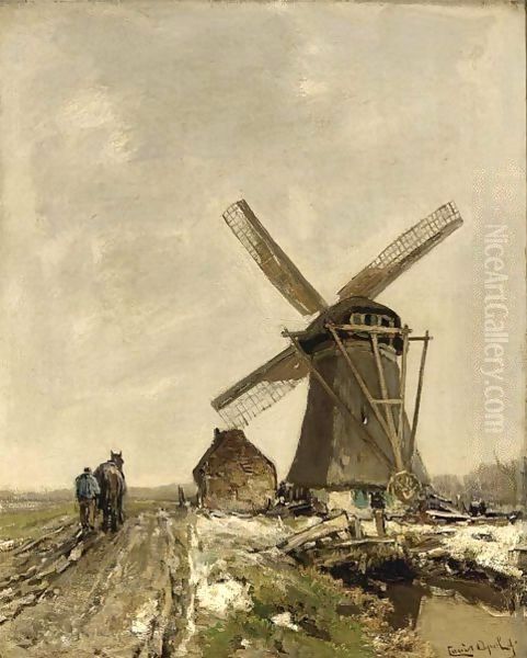 A Windmill In A Snowy Landscape Oil Painting by Louis Apol