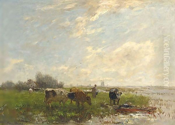 A Summer Landscape With Cattle And Windmills Oil Painting by Willem Maris