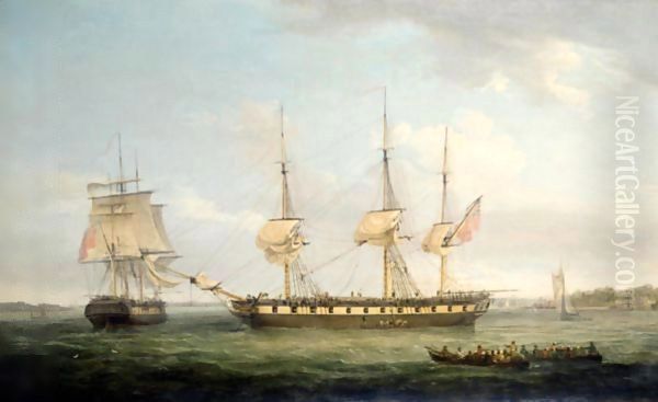 An East Indiaman In Two Positions Off The Indian Coast, The Broadside View Showing Her At Anchor Taking On Native Labourers, The Stern View Depicting Her Getting Under Way Under Reduced Sail Oil Painting by Thomas Whitcombe