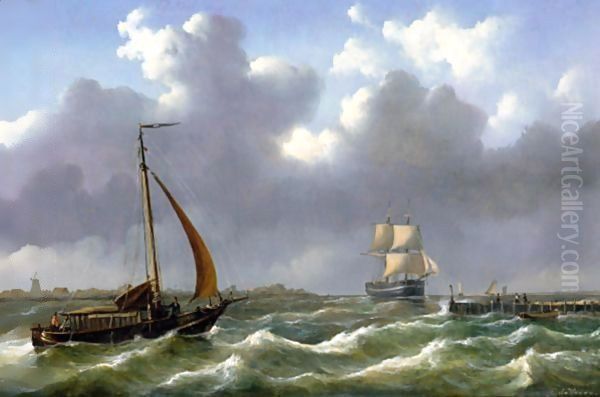 Dutch Ships Sailing In Rough Waters Oil Painting by Abraham Hulk Snr