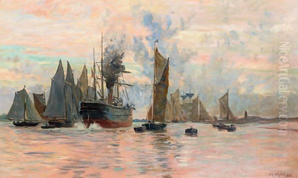 A Steam Ship And Other Shipping Leaving Harbour Oil Painting by William Lionel Wyllie