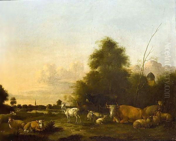 A Landscape With Cattle, Sheep And Goats In The Foreground, A Village Beyond Oil Painting by Albert-Jansz. Klomp