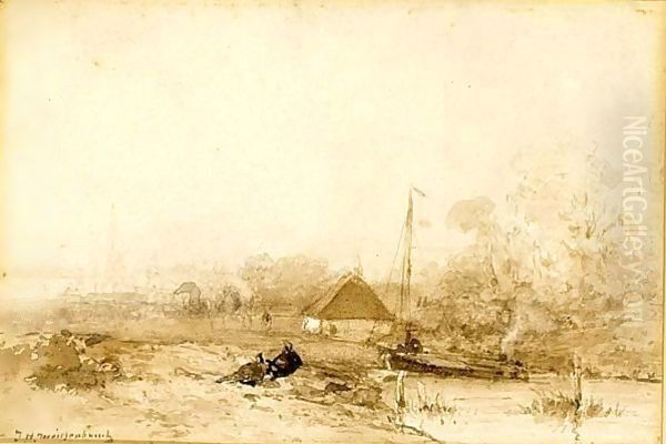 Figures Resting In A River Landscape Oil Painting by Jan Hendrik Weissenbruch