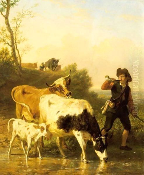 Tending The Herd Oil Painting by Edmond Jean Baptiste Tschaggeny