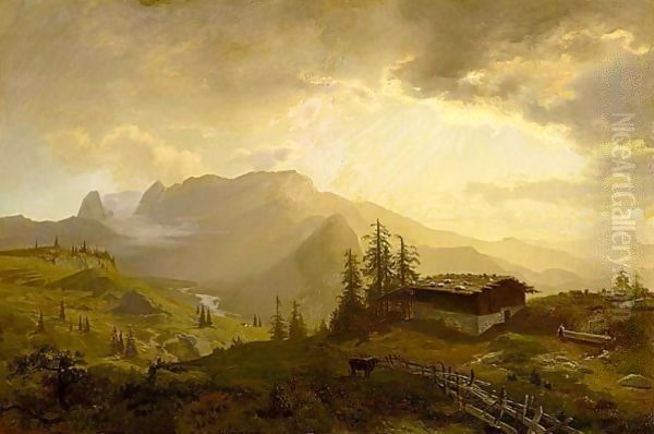 Early Morning In The Alps Oil Painting by Ernst August Becker