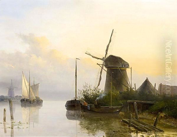 A Riverlandscape At Sunset Oil Painting by Josephus Gerardus Hans