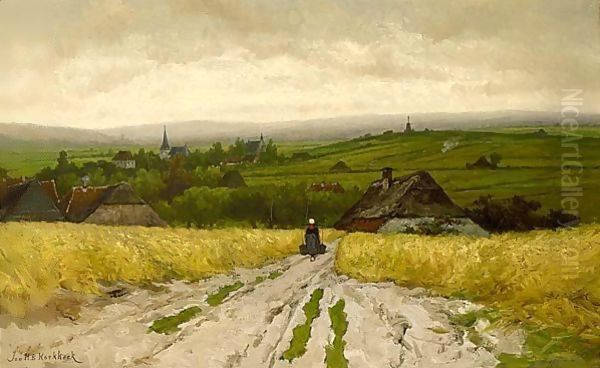 A Peasant Woman On A Path In An Extensive Hilly Landscape Oil Painting by Johannes Hermann Barend Koekkoek