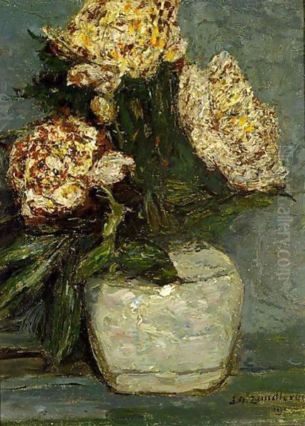 Flowers In A Stone Jar Oil Painting by Jan Adam Zandleven