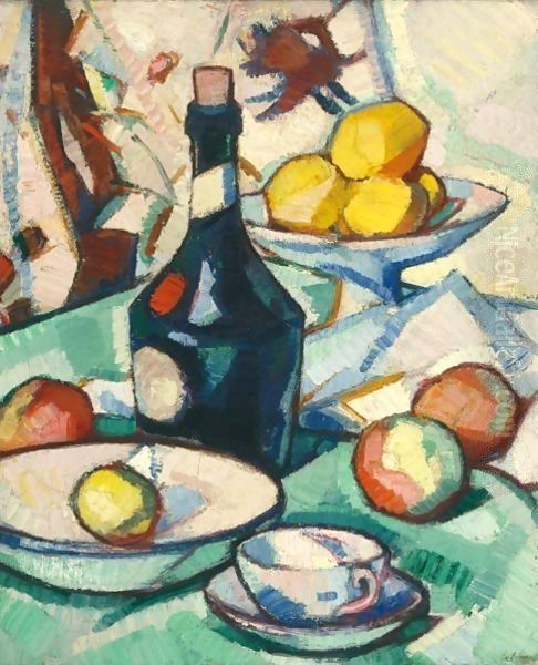 Still Life With A Benedictine Bottle And Fruit Oil Painting by Samuel John Peploe