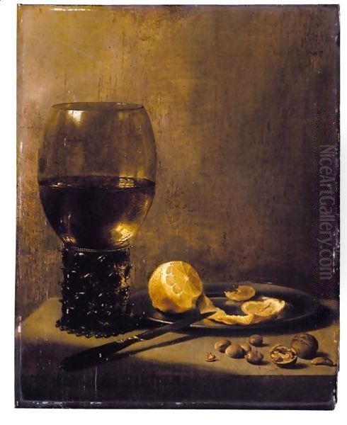 A Still Life With A Large Roemer, A Knife Resting On A Silver Plate Bearing A Partly-Peeled Lemon, Walnuts And Hazelnuts, On A Marble Ledge Oil Painting by Pieter Claesz.