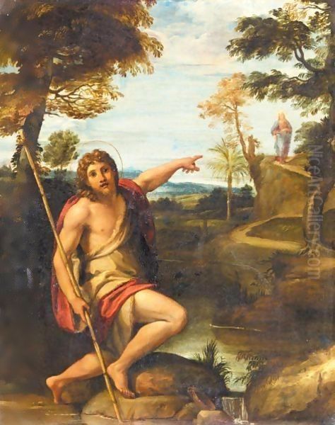 Saint John The Baptist In A Landscape Pointing At The Figure Of Christ Oil Painting by Annibale Carracci