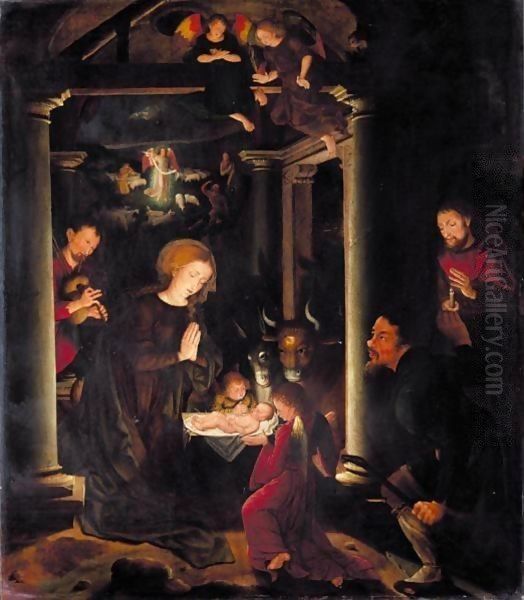 The Adoration Of The Shepherds, With The Annunciation To The Shepherds Beyond Oil Painting by Bruges