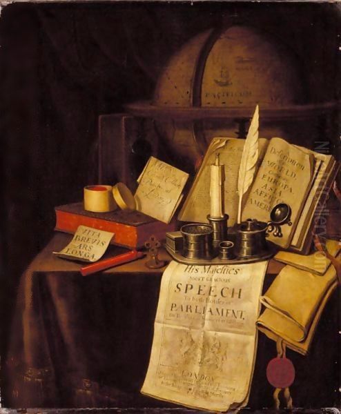 A Vanitas Still Life With An Ink-Well And Quill, A Candle, A Box Of Seals, Sealing Wax, Books And A Globe On A Draped Table Oil Painting by Edwart Collier