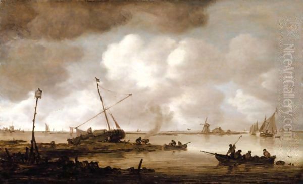 An Estuary Scene With A Fishing-Boat In The Foreground, And Figures Caulking A Small Dutch Vessel Beyond Oil Painting by Jan van Goyen