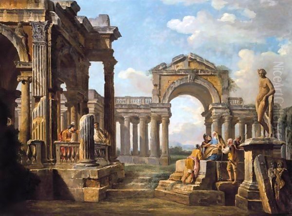 An Architectural Capriccio With A Philosopher And Soldiers Amongst Ancient Ruins Oil Painting by Giovanni Paolo Panini