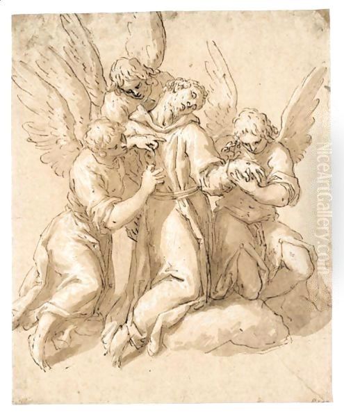 St. Francis Tended By Three Angels Oil Painting by Palma Vecchio (Jacopo Negretti)