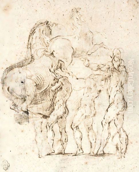 Sheet Of Studies Of Standing Figures And Two Rearing Horses Oil Painting by Girolamo Francesco Maria Mazzola (Parmigianino)