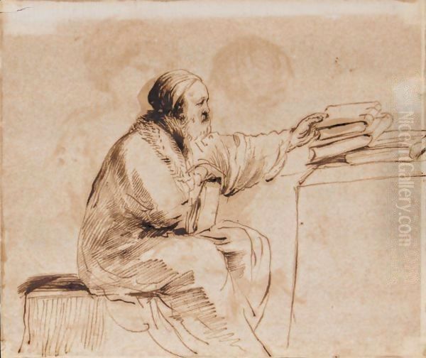 A Seated Man, Placing Books On A Table Oil Painting by Giovanni Francesco Barbieri