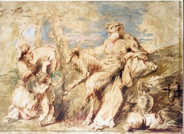 A Satyr And A Bacchante With Cupid In A Landscape Oil Painting by Giovanni Benedetto Castiglione