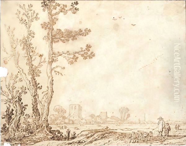 Landscape With Tall Trees To The Left, A Shepherd To The Right, And A Village Behind Oil Painting by Esaias Van De Velde